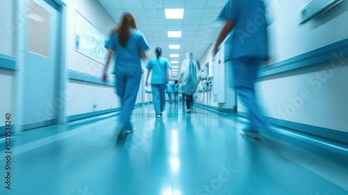 Doctors or nurses walking in hospital hallway, blurred motion