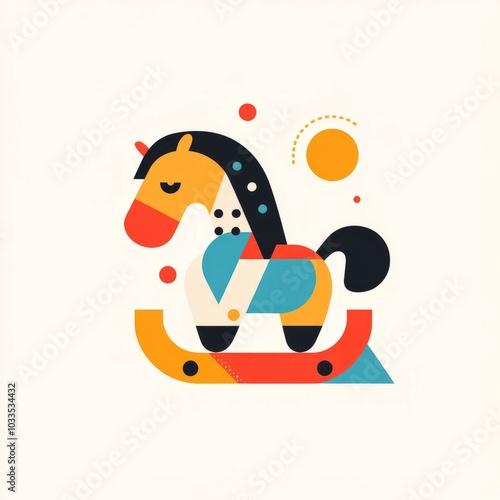 Colorful rocking horse illustration. Geometric rocking horse design, ideal for children's rooms, nursery, or educational materials. Vivid and playful, symbolizes joy and fun. photo