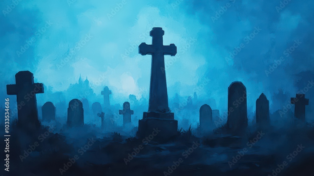 A haunting graveyard scene shrouded in mist, featuring dark silhouettes of tombstones against a blue foggy backdrop. A haunting graveyard scene shrouded in mist, featuring dark silhouettes of tombstones against a blue foggy backdrop.