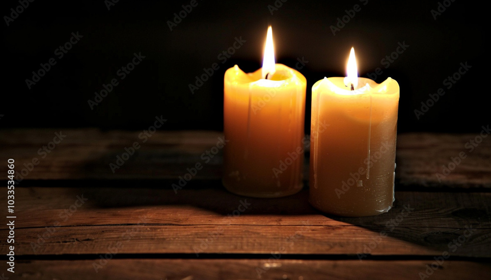 I am burning candles on a wooden table in the dark, close-up, unusual illustration for romantic scenes. I am burning candles on a wooden table in the dark, close-up, unusual illustration for romantic scenes.