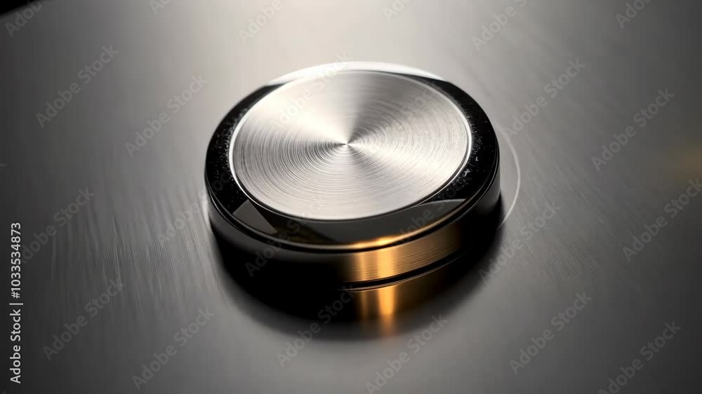A close-up of a silver, round knob on a black surface A close-up of a silver, round knob on a black surface