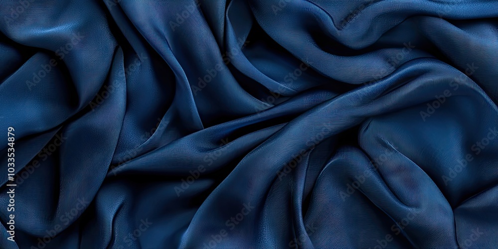 Obraz premium Blue fabric featuring folds and waves. Dark blue silk fabric serves as the background. Eucalyptus fabric is natural, eco-friendly, and hypoallergenic.