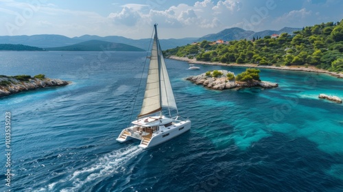 An aerial photo of a catamaran sailing the ocean in croatia, national geographic style, Ai Generative.
