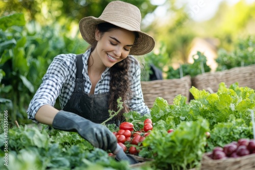 Happy Woman Picking Fresh Tomatoes in a Vegetable Garden