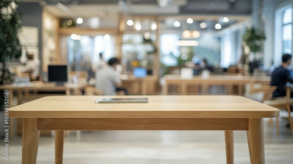 Wooden table in office. Empty wooden table with laptop in a blurred office background. Modern workplace, minimalist design, workspace concept. Wooden table in office. Empty wooden table with laptop in a blurred office background. Modern workplace, minimalist design, workspace concept.