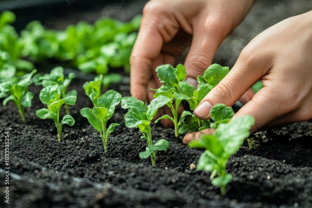 Closeup of Hands Planting Green Seedlings in Soil Closeup of Hands Planting Green Seedlings in Soil