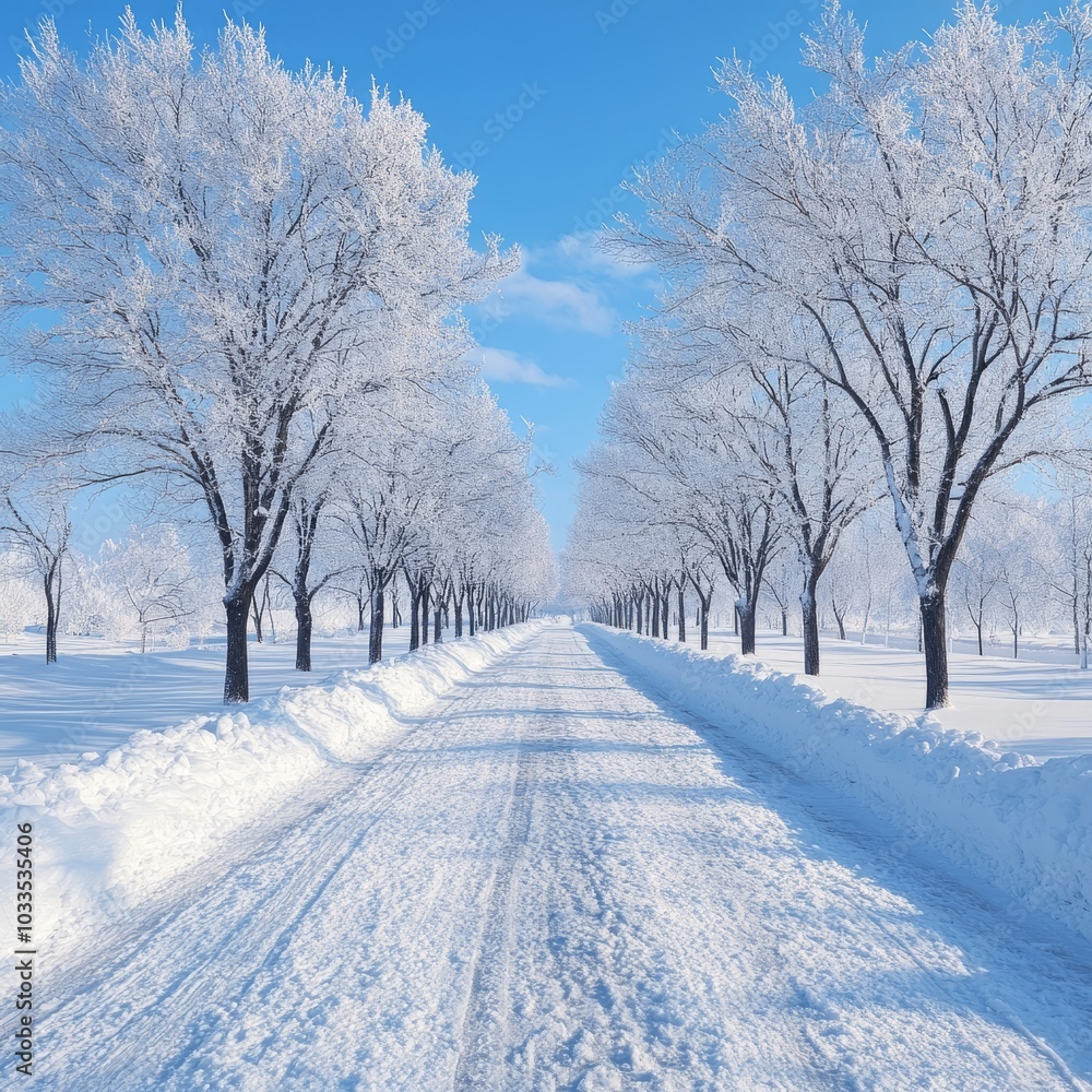 Obraz premium Snow-covered road lined with frosty trees under a clear blue sky.