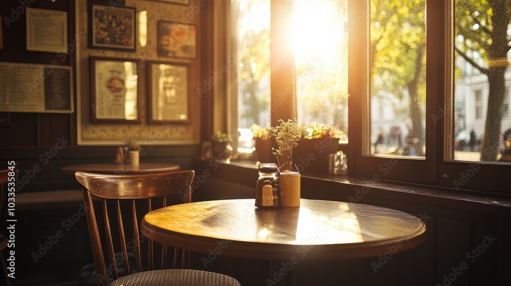 Fototapeta premium Cozy Cafe with Sunlight Streaming Through Windows