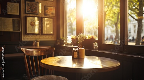 Cozy Cafe with Sunlight Streaming Through Windows