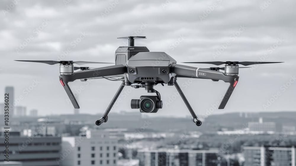 Drone Quadcopter Hovering Above Modern Skyline with Towering Skyscrapers and High Rise Buildings in Urban City Landscape Aerial Overhead View with Equipment for Aerial Photography Drone Quadcopter Hovering Above Modern Skyline with Towering Skyscrapers and High Rise Buildings in Urban City Landscape Aerial Overhead View with Equipment for Aerial Photography