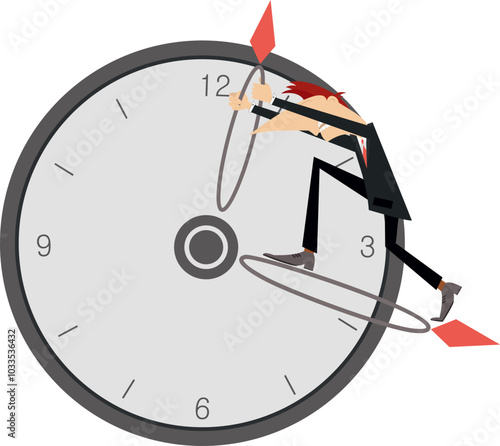Businessman. Time concept. Deadline. 
Businessman tries to stop time on the clock. Pushing back hour concept
