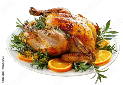 A beautifully decorated whole roast chicken on a white plate, isolated against a white background