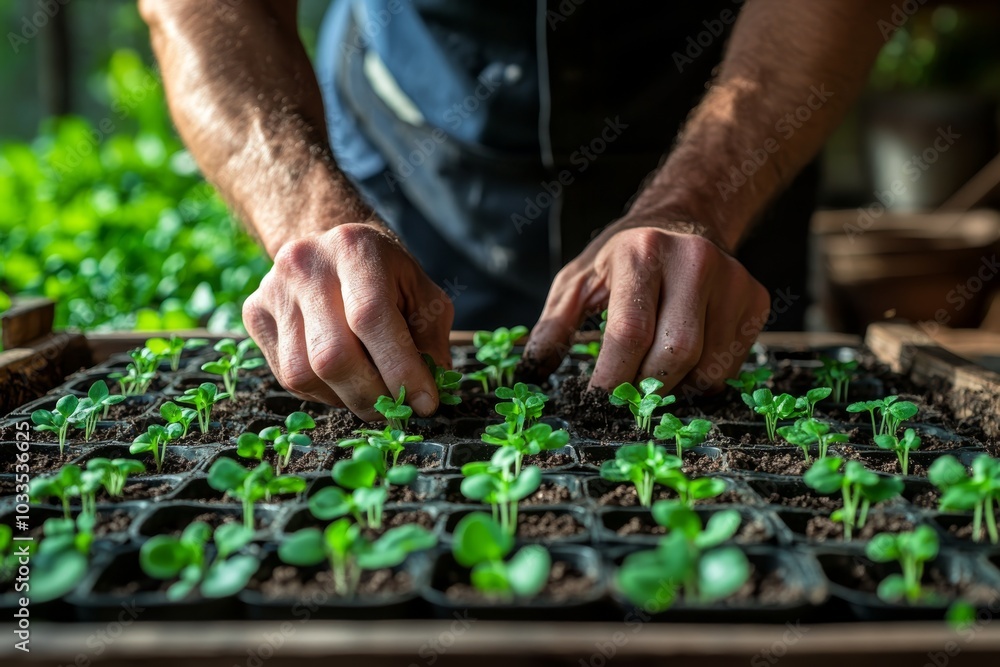 Close up of Hands Planting Green Seedlings in a Seed Tray Close up of Hands Planting Green Seedlings in a Seed Tray