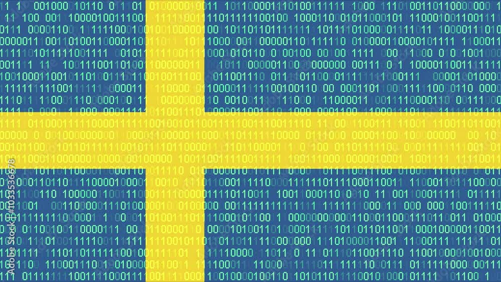 Binary code on flag of Sweden. Program source code or Hacker concept on Swedish flag. Sweden digital technology security, hacking or programming Binary code on flag of Sweden. Program source code or Hacker concept on Swedish flag. Sweden digital technology security, hacking or programming