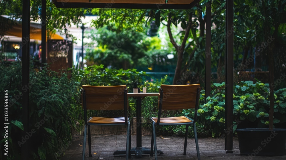 Obraz premium Serene Outdoor Dining Space Surrounded by Greenery