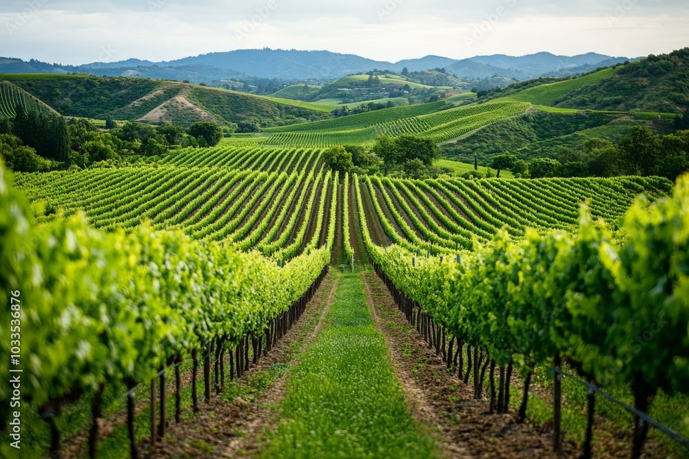 Vineyard Landscape with Lush Green Vines and Rolling Hills Vineyard Landscape with Lush Green Vines and Rolling Hills