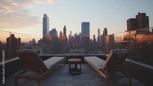 Rooftop Lounge Overlooking Cityscape at Sunset