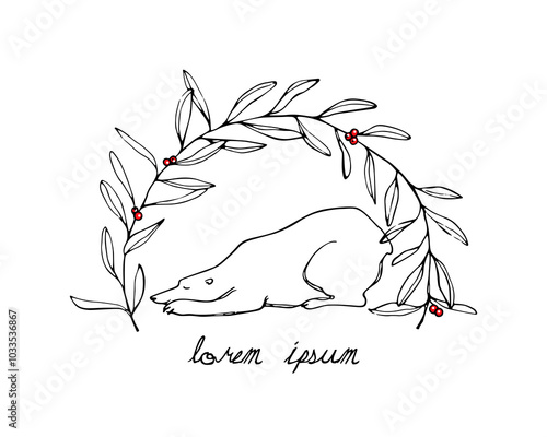 Vector card with hand drawn sweet polar bear sleeping in a floral wreath with red berries. Ink drawing, graphic style. Beautiful cold season illustration, lovely character