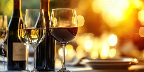 Dinner with wine glasses on a softly blurred background.