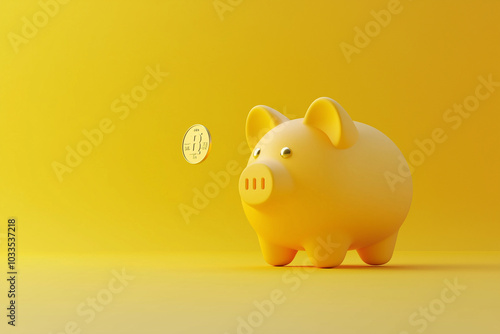 Yellow piggy bank with bitcoin coin on yellow background