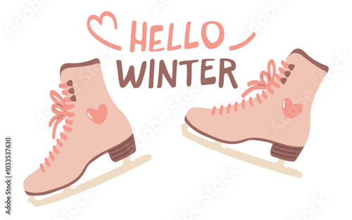 Figure skating skates with Hello Winter lettering, flat design vector, cute pink skates with hearts