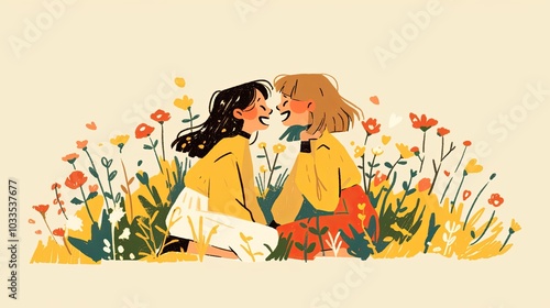 Two cheerful women enjoying a sunny day in a flower field