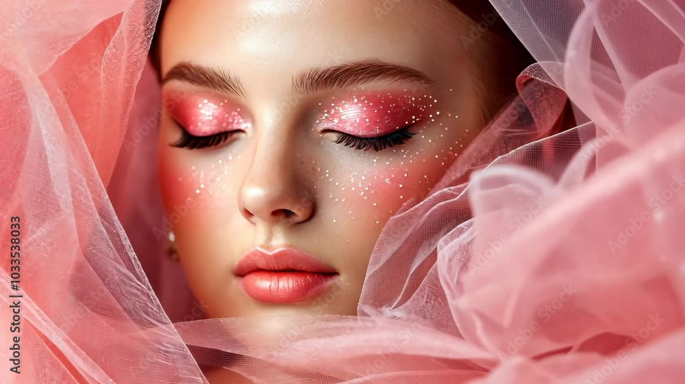 A woman with pink glitter makeup looks up at the camera, her eyes closed and draped with pink fabric A woman with pink glitter makeup looks up at the camera, her eyes closed and draped with pink fabric