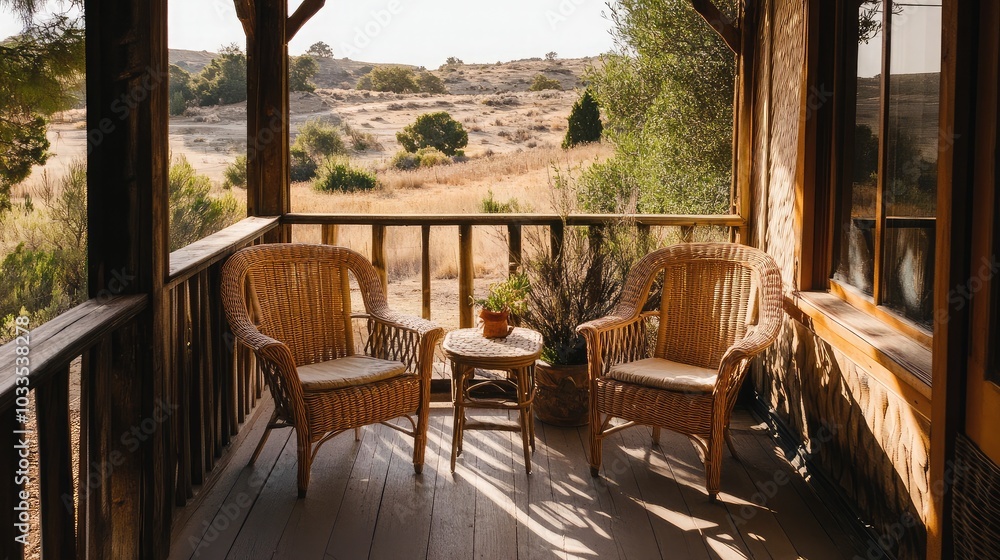 Fototapeta premium Cozy porch with wicker chairs and scenic view