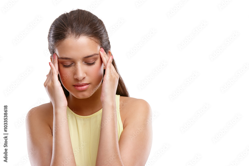 Studio, businesswoman and pain with headache for burnout, fatigue and stress for startup deadline. Mockup space, female person and designer with temple massage for migraine, tired or white background Studio, businesswoman and pain with headache for burnout, fatigue and stress for startup deadline. Mockup space, female person and designer with temple massage for migraine, tired or white background