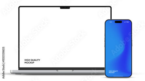 Modern laptop mockup front view and smartphone mockup high quality isolated on white background. Notebook mockup and phone device mockup for ui ux app