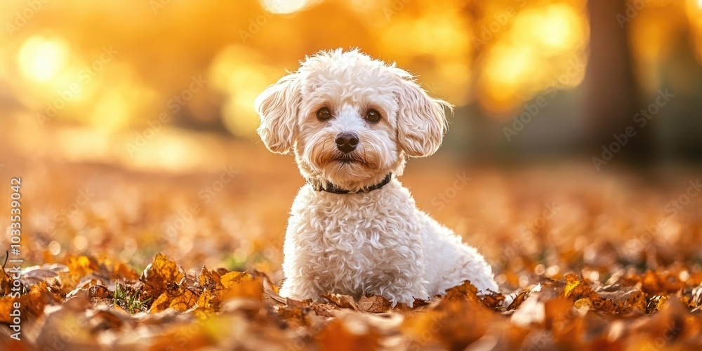 Adorable Maltipoo dog in a fall park, room for text. Adorable Maltipoo dog in a fall park, room for text.