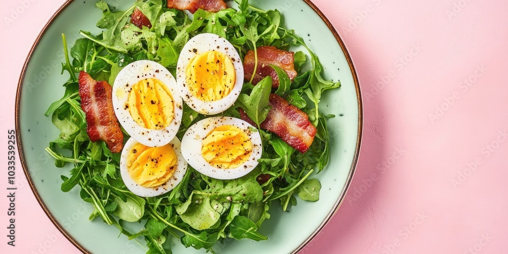 Boiled Egg and Crispy Bacon Salad with Watercress on a Pink Background Boiled Egg and Crispy Bacon Salad with Watercress on a Pink Background