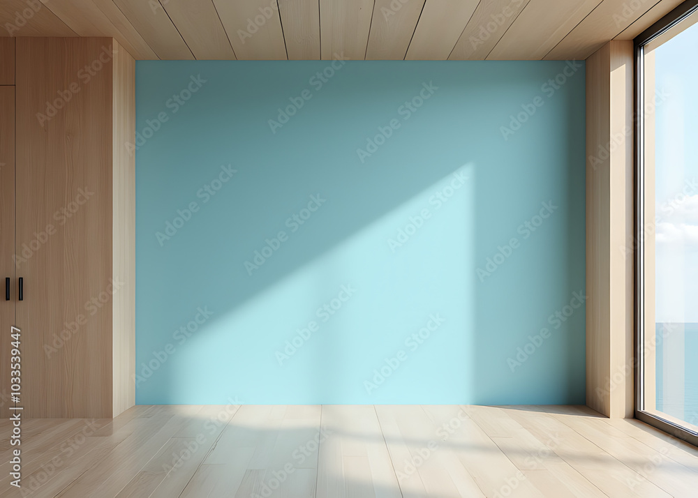 A serene empty space features a calming blue mock up wall backdrop for a stylish wooden panelled interior design. A serene empty space features a calming blue mock up wall backdrop for a stylish wooden panelled interior design.