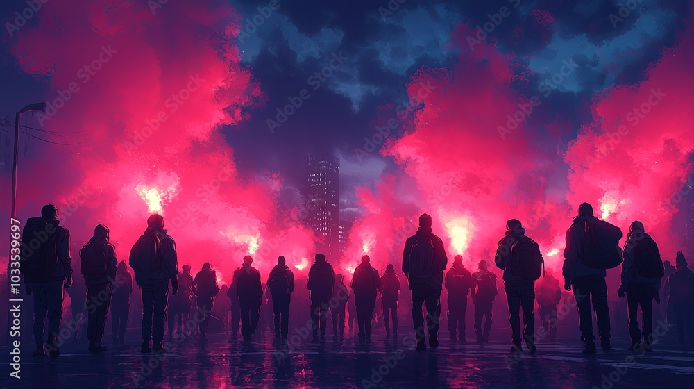 Group of activists protesting at night with colorful smoke grenades Group of activists protesting at night with colorful smoke grenades