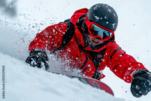 A snowboarder wearing bright orange gear carves through fresh powder snow on a mountain, showing skill and control during a fast descent. photo