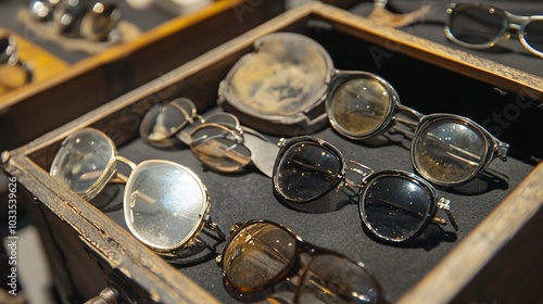 A collection of vintage eyeglasses displayed in a wooden box.