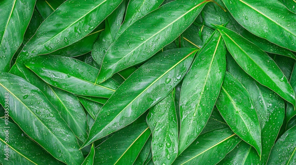 A close-up view of fresh green leaves covered in small water droplets, creating a natural and refreshing texture, perfect for nature and botanical themes. A close-up view of fresh green leaves covered in small water droplets, creating a natural and refreshing texture, perfect for nature and botanical themes.