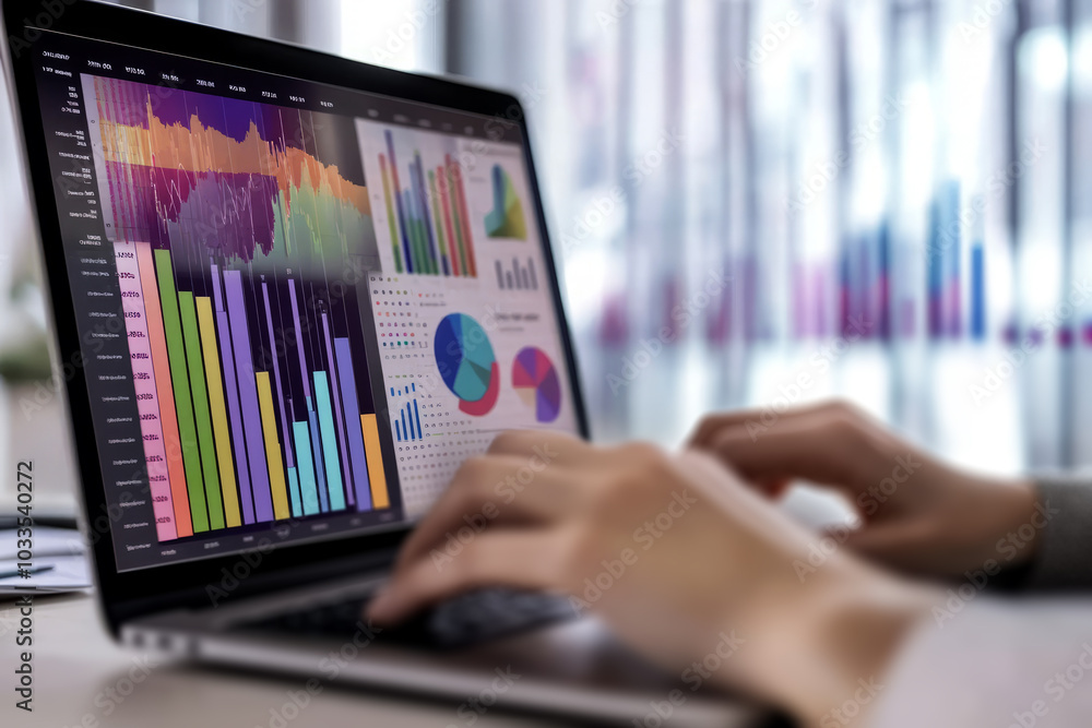 Close-up of hands using a laptop to analyze financial data and charts on the screen. Close-up of hands using a laptop to analyze financial data and charts on the screen.