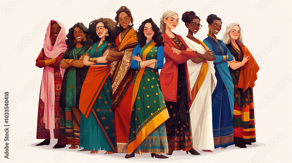 Group of diverse women in colorful traditional outfits showing unity Group of diverse women in colorful traditional outfits showing unity
