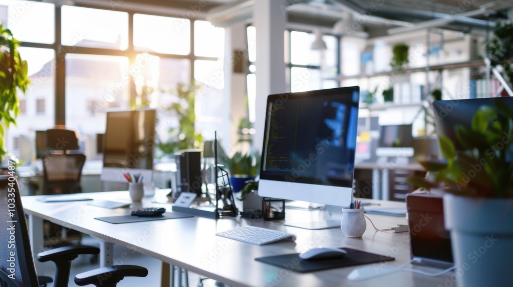 Spacious office desk with three monitors and clutter in a bright room shot with a wide-angle lens Spacious office desk with three monitors and clutter in a bright room shot with a wide-angle lens