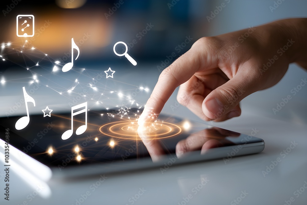 Naklejka premium Hand reaches tablet screen, floating icons highlight modern digital interaction