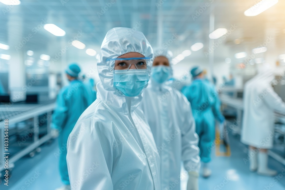 Scientists in protective gear working in a high-tech laboratory, focusing on research and development in a clean and controlled environment. Scientists in protective gear working in a high-tech laboratory, focusing on research and development in a clean and controlled environment.