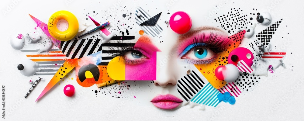 A futuristic collage that uses a combination of patterns, arrows, and shapes to create a playful yet abstract art piece. A futuristic collage that uses a combination of patterns, arrows, and shapes to create a playful yet abstract art piece.