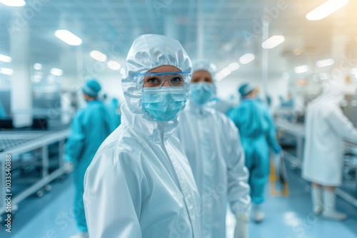 Scientists in protective gear working in a high-tech laboratory, focusing on research and development in a clean and controlled environment.