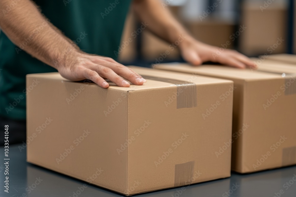 Hands preparing cardboard boxes for shipping, focusing on logistics and packaging in an industrial setting. Hands preparing cardboard boxes for shipping, focusing on logistics and packaging in an industrial setting.
