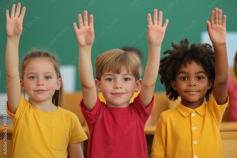 Three diverse children raising their hands in a classroom, smiling and engaged. Three diverse children raising their hands in a classroom, smiling and engaged.