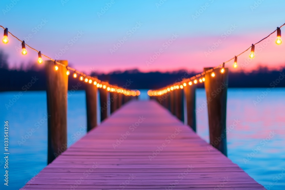 Obraz premium A wooden dock decorated with string lights stretches into the water, blurred background creates a dreamy evening atmosphere.