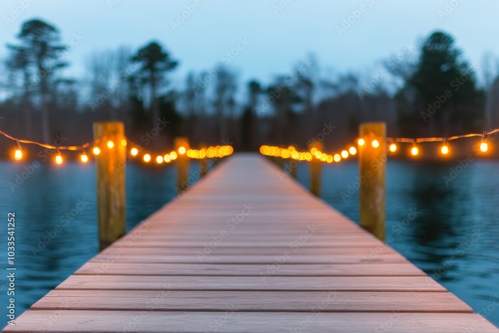 Fototapeta premium A wooden dock decorated with string lights stretches into the water, blurred background creates a dreamy evening atmosphere.