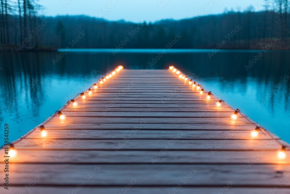 Obraz premium A wooden dock decorated with string lights stretches into the water, blurred background creates a dreamy evening atmosphere.