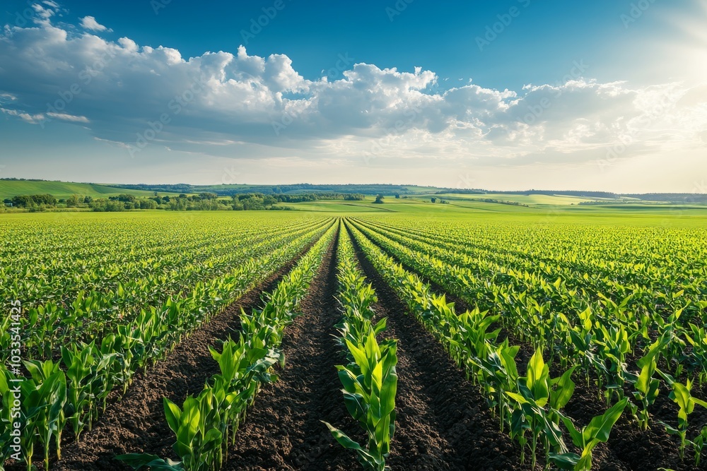 Green Corn Field with Blue Sky and Clouds Green Corn Field with Blue Sky and Clouds